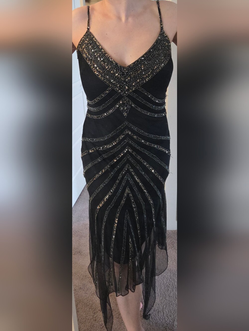 Vintage Black Beaded Midi Dress Sequin Handkerchief Size 10 Large Great Gatsby